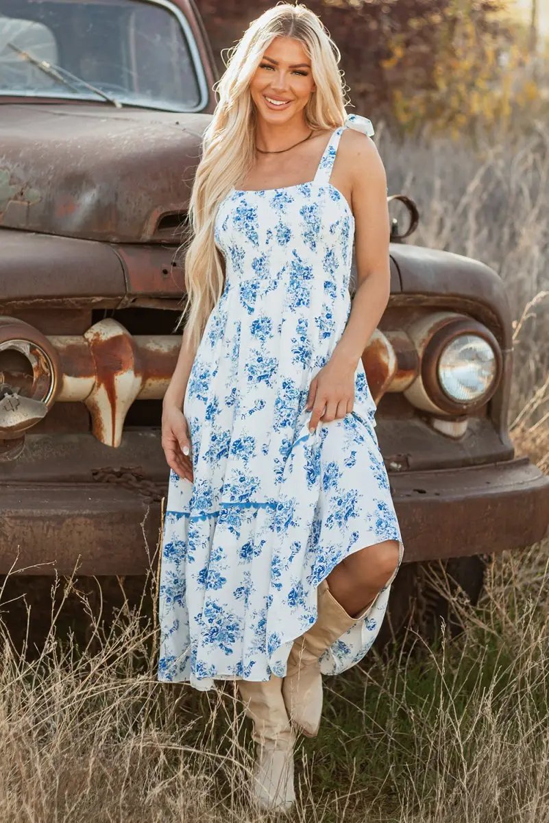 Sky Blue Floral Print Shirred Knot Shoulder Dress - Love Salve